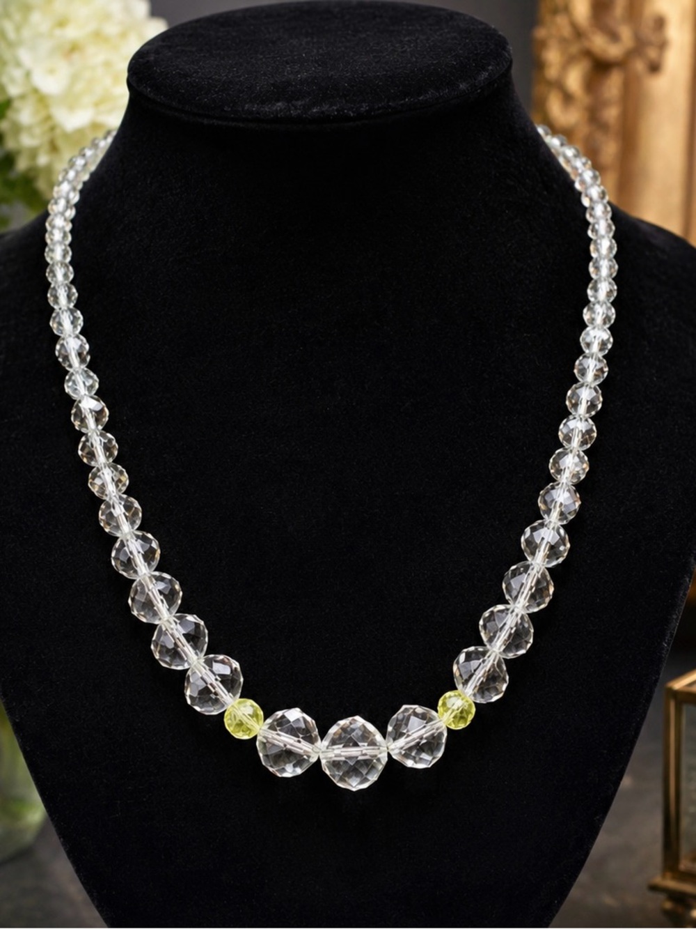 Handmade Vintage Crystal Beaded Necklace with Uranium Glass beads.